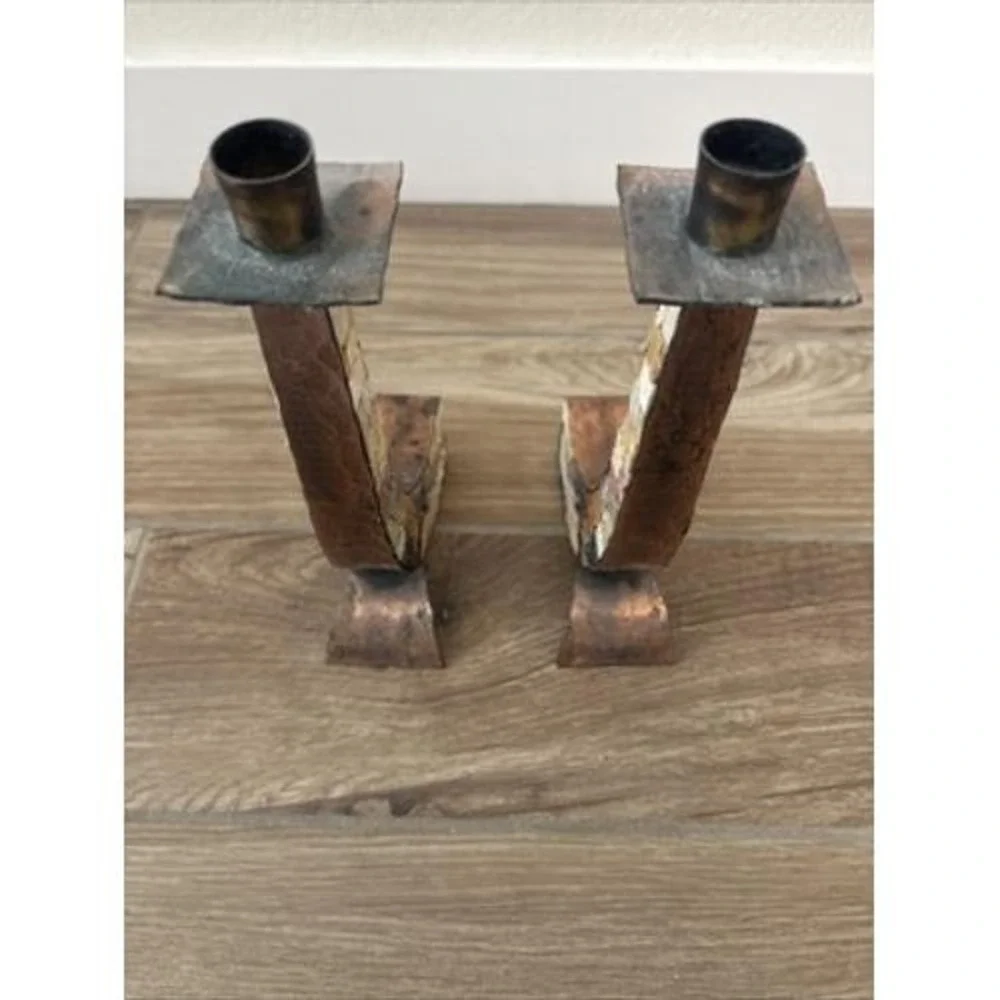 Eilon‎ Mosaics MCM Hammered Copper Holy Land Stone Candlesticks Shabbat 10.5